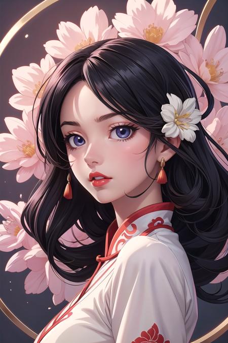 388162-3553371153-Cowboy Shot,((glossy eyes)),1girl,solo,black hair,flower,realistic,looking up,red lips,chinese clothes,upper body,hair ornament,.png